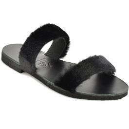 Δερμάτινη μαύρη σαγιονάρα με γούνα Iris Sandals IR12