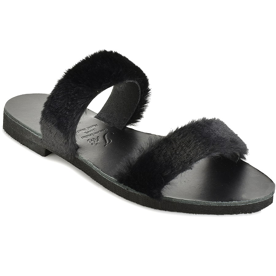 Δερμάτινη μαύρη σαγιονάρα με γούνα Iris Sandals IR12