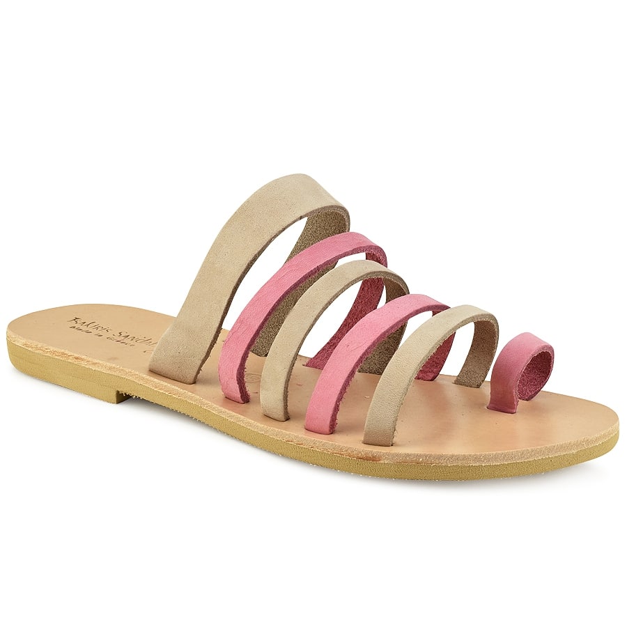 Δερμάτινη ροζ με μπεζ σαγιονάρα Tsakiris Sandals TS1028