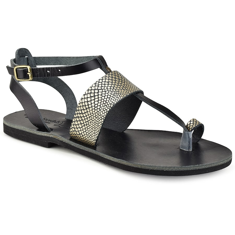 Δερμάτινο μαύρο με χρυσό σαυρέ σανδάλι Tsakiris Sandals TS608